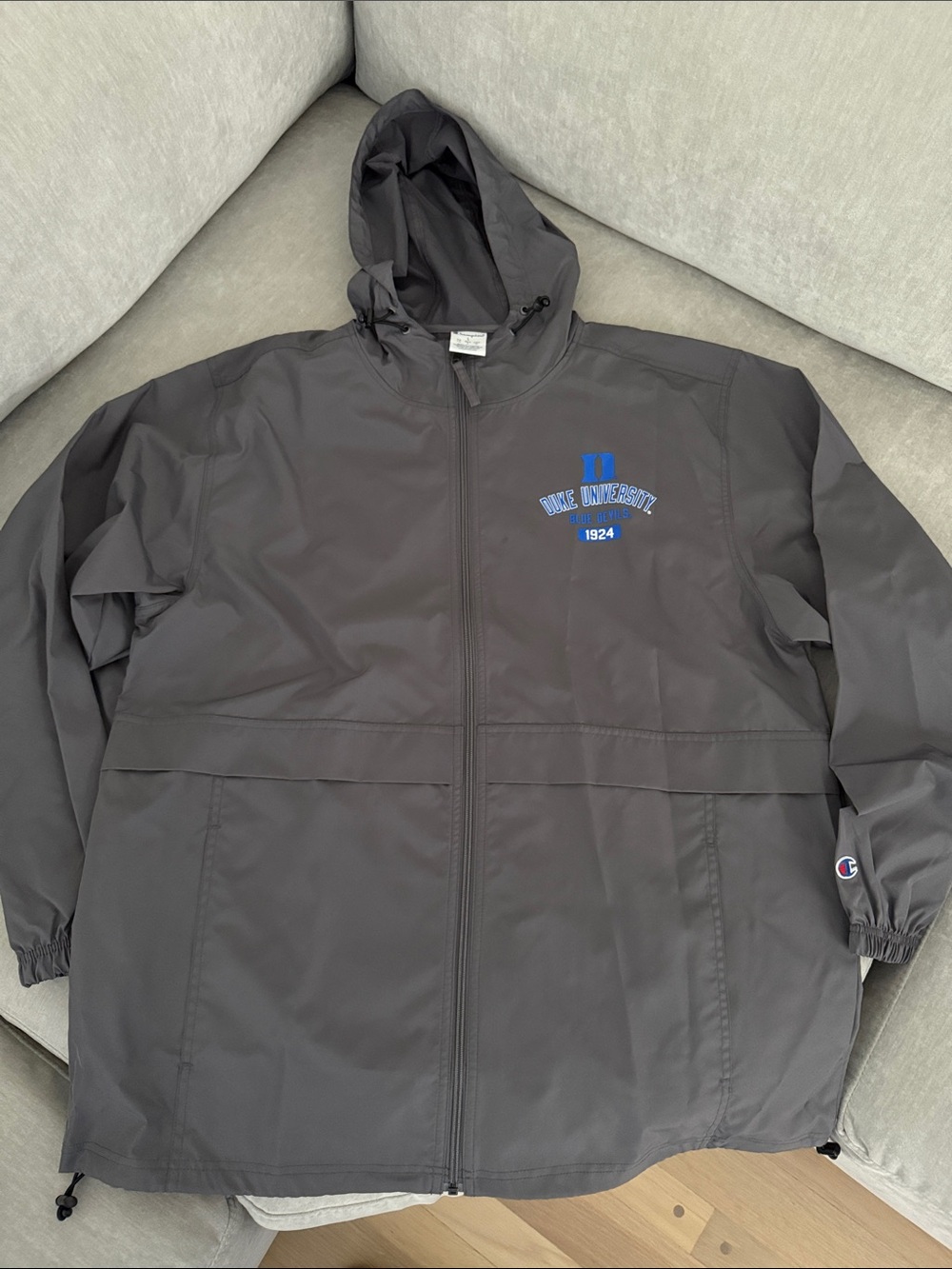 Champion Charcoal Hooded Windbreaker with Blue Duke University Logo